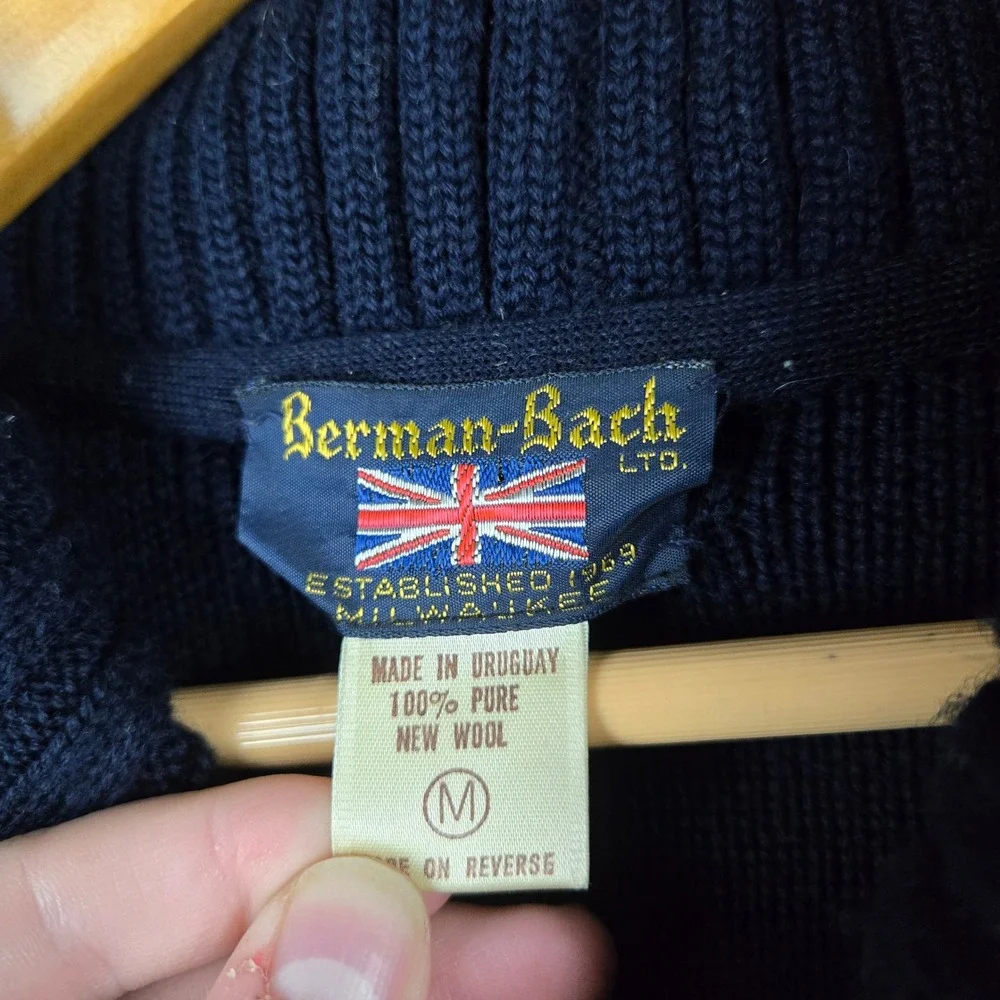 Berman-Bach Shawl Collar Sweater Mens M Navy Blue Wool Plaid Nautical Pullover